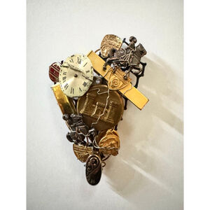 Vintage Mixed Media Brooch Pin w/ Clock Face Steampunk Eclectic Statement Piece